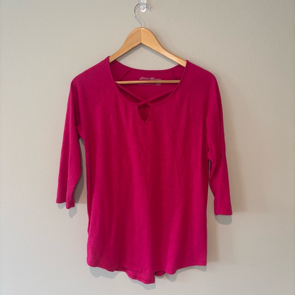 EDDIE BAUER Women’s 3/4 Sleeve Pink‎ Casual Top with Neckline Detail Size Medium